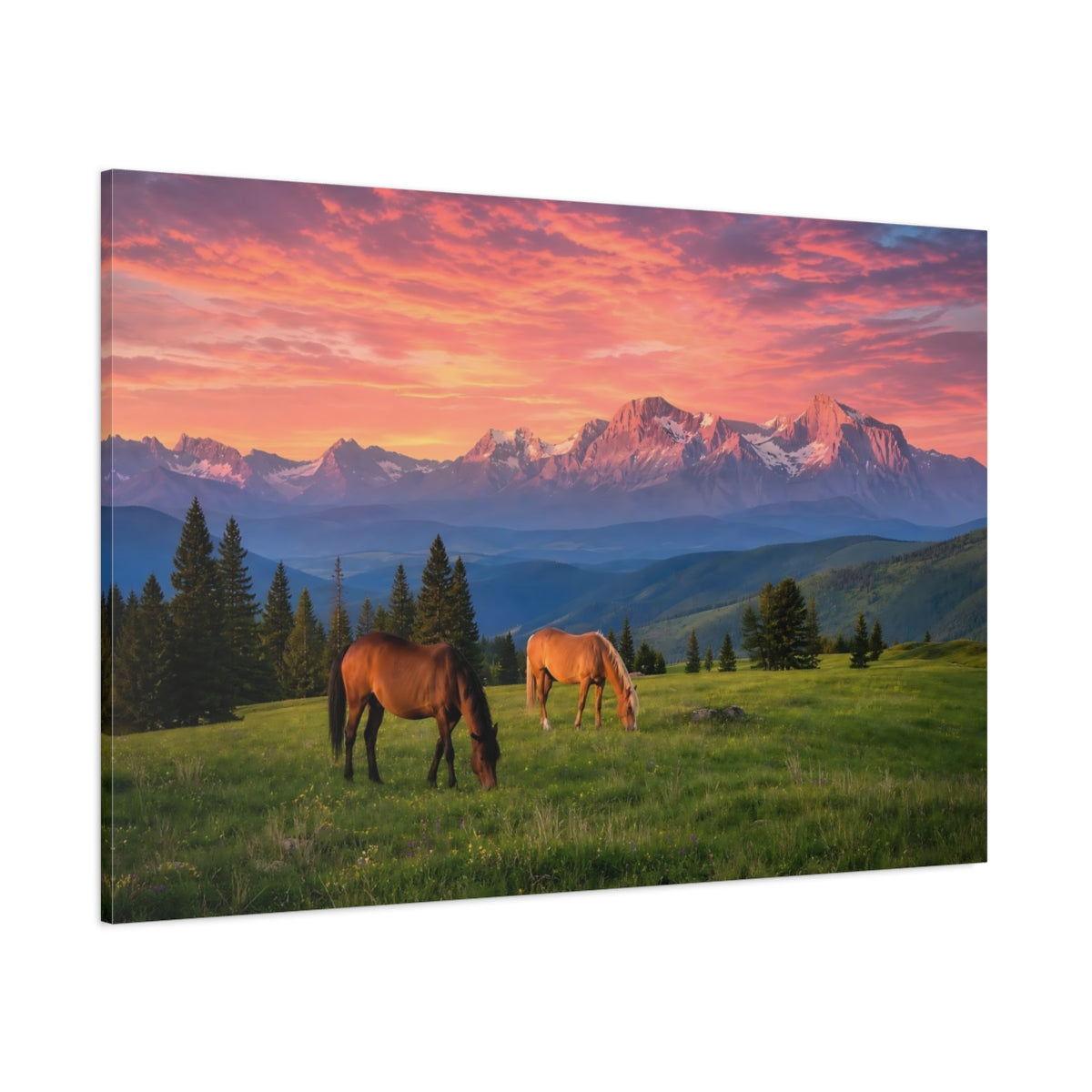 Side Mockup 1. Nature Horses Mountain Sunset shown as stretched canvas wall art