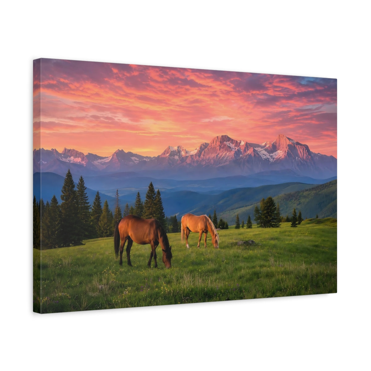 Side Mockup 3. Nature Horses Mountain Sunset shown as stretched canvas wall art
