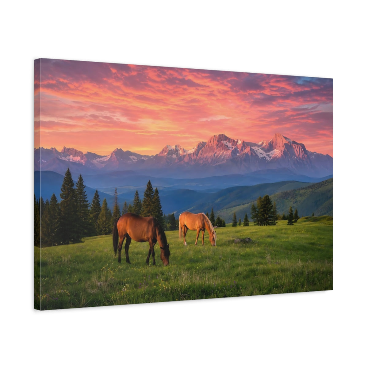 Side Mockup 2. Nature Horses Mountain Sunset shown as stretched canvas wall art
