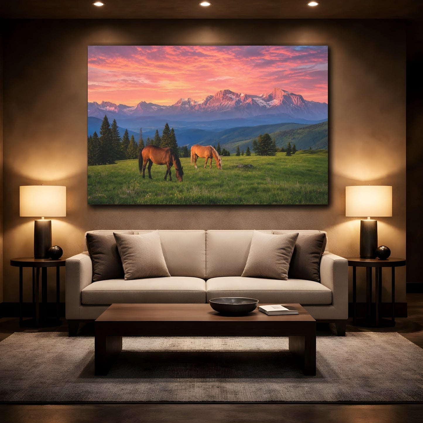 Mockup 2. Nature Horses Mountain Sunset shown as stretched canvas wall art