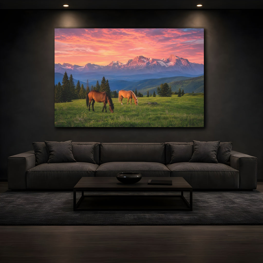 Mockup 3. Nature Horses Mountain Sunset shown as stretched canvas wall art
