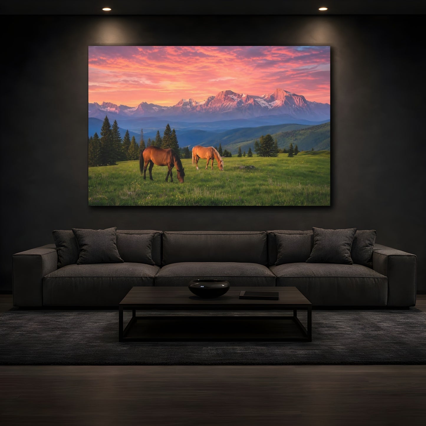 Mockup 3. Nature Horses Mountain Sunset shown as stretched canvas wall art