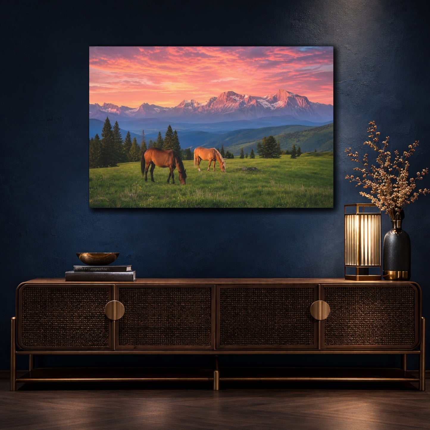 Mockup 4. Nature Horses Mountain Sunset shown as stretched canvas wall art