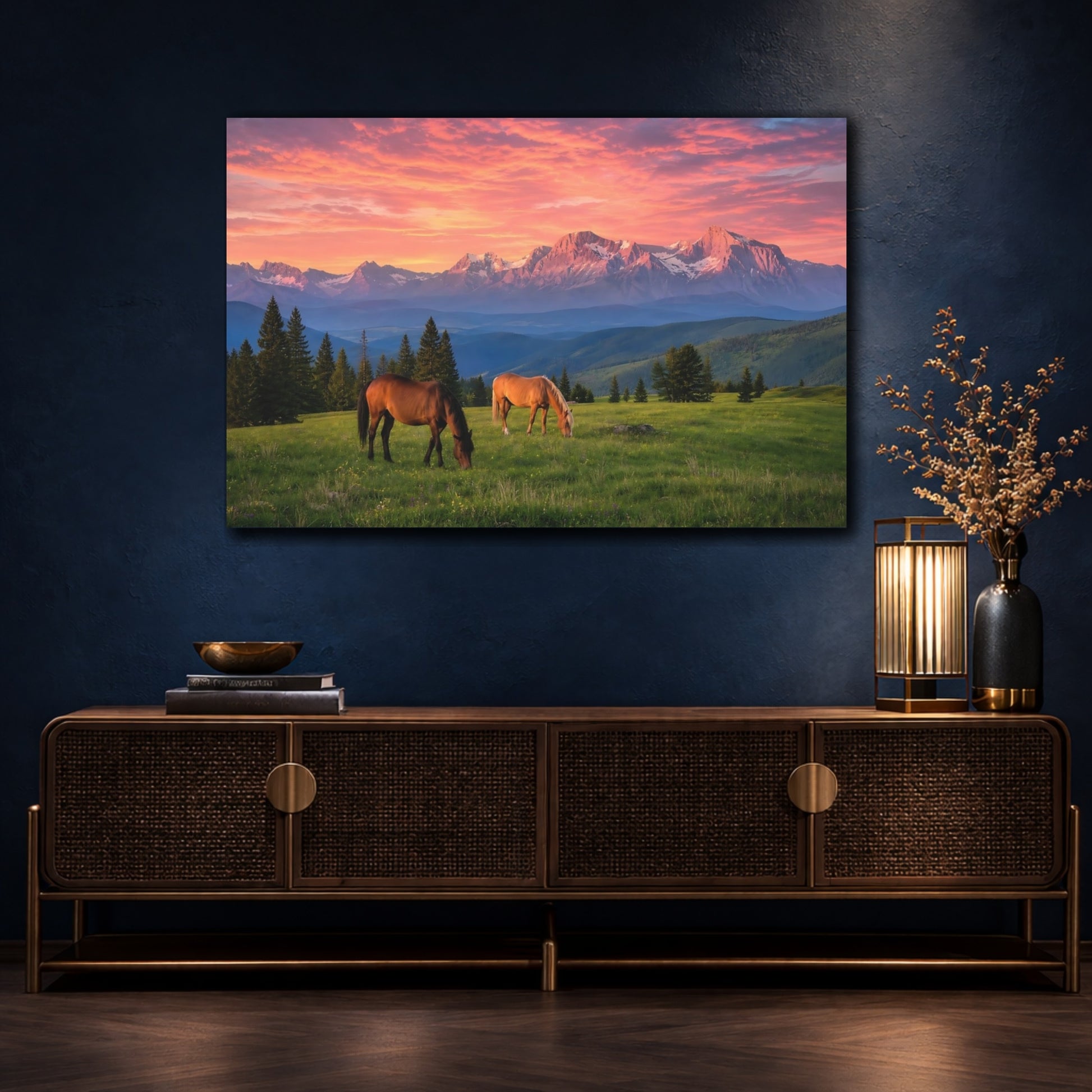 Mockup 4. Nature Horses Mountain Sunset shown as stretched canvas wall art