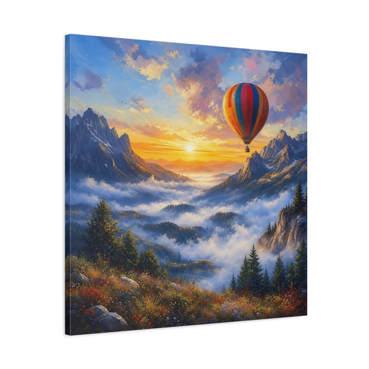 Side Mockup 3. Nature Hot Air Balloon Colorful Mountain Landscape shown as stretched canvas wall art