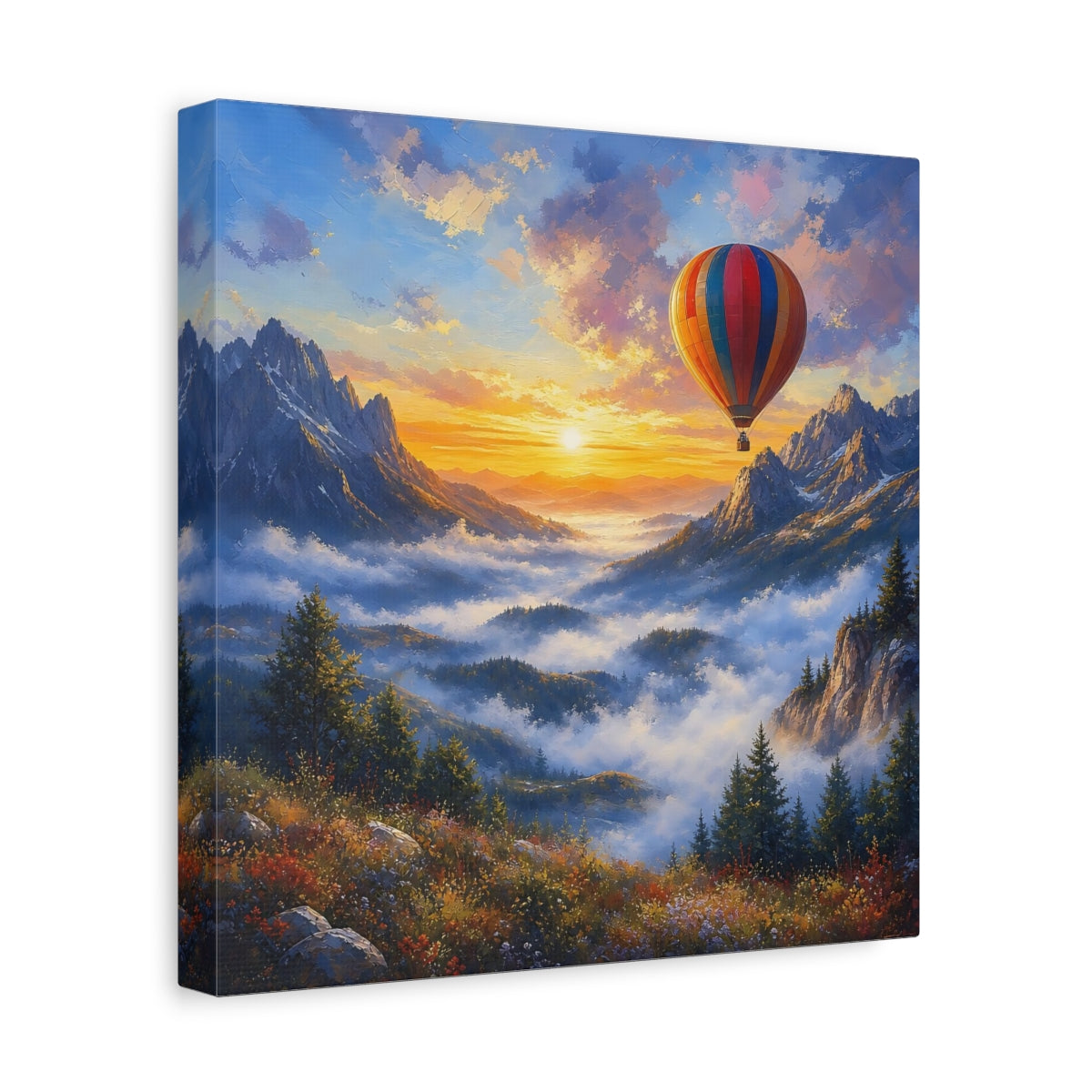 Side Mockup 8. Nature Hot Air Balloon Colorful Mountain Landscape shown as stretched canvas wall art