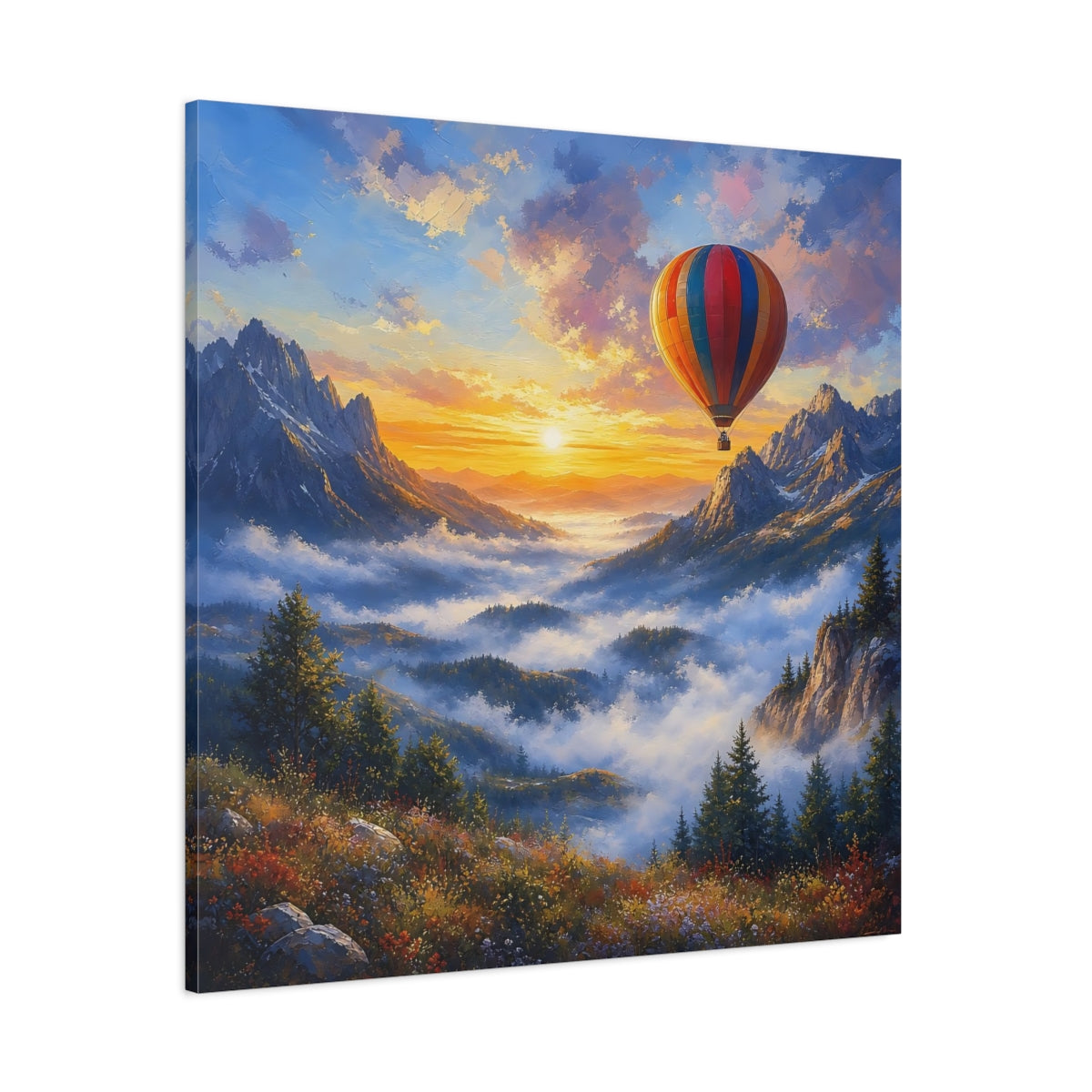 Side Mockup 1. Nature Hot Air Balloon Colorful Mountain Landscape shown as stretched canvas wall art