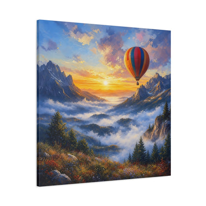 Main Mockup. Nature Hot Air Balloon Colorful Mountain Landscape shown as stretched canvas wall art