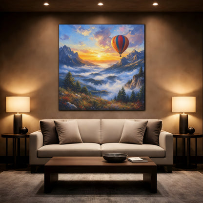 Mockup 2. Nature Hot Air Balloon Colorful Mountain Landscape shown as stretched canvas wall art