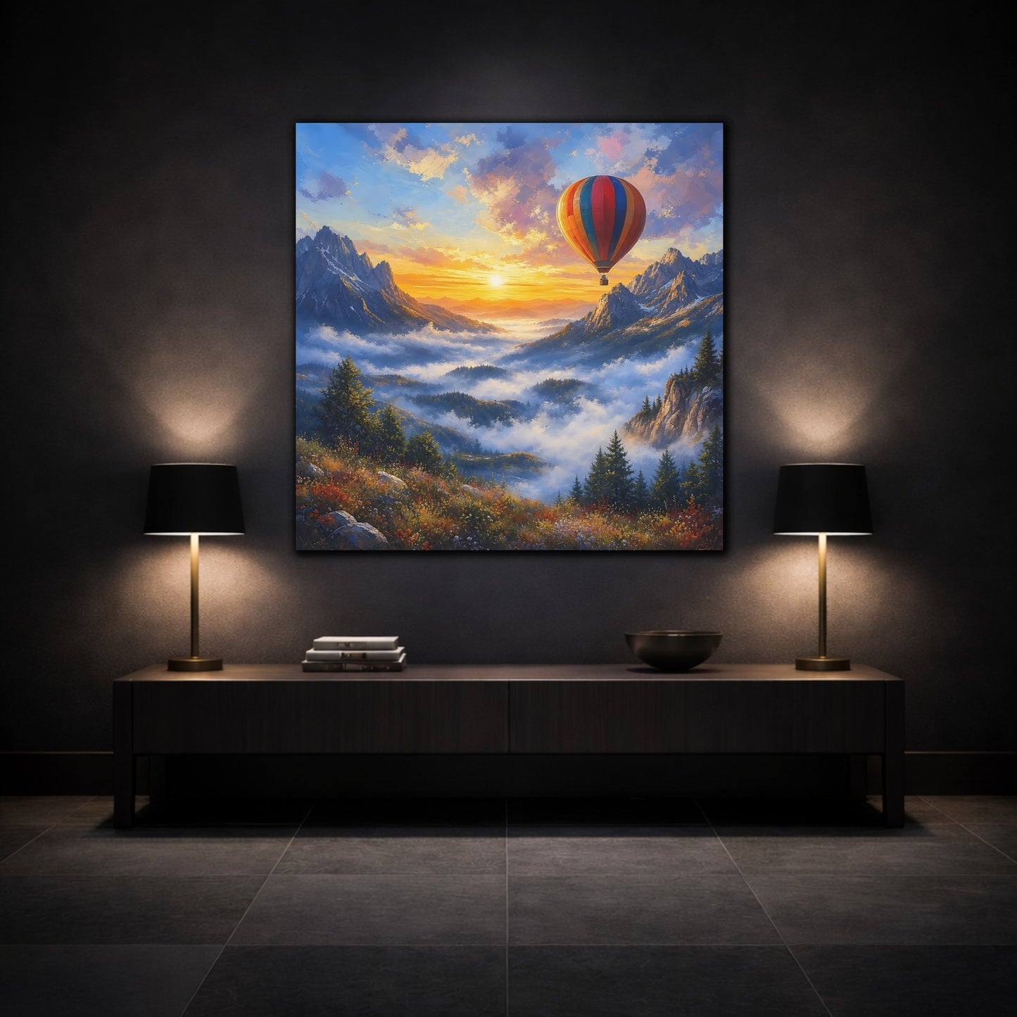 Mockup 3. Nature Hot Air Balloon Colorful Mountain Landscape shown as stretched canvas wall art