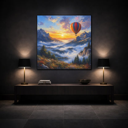 Mockup 3. Nature Hot Air Balloon Colorful Mountain Landscape shown as stretched canvas wall art