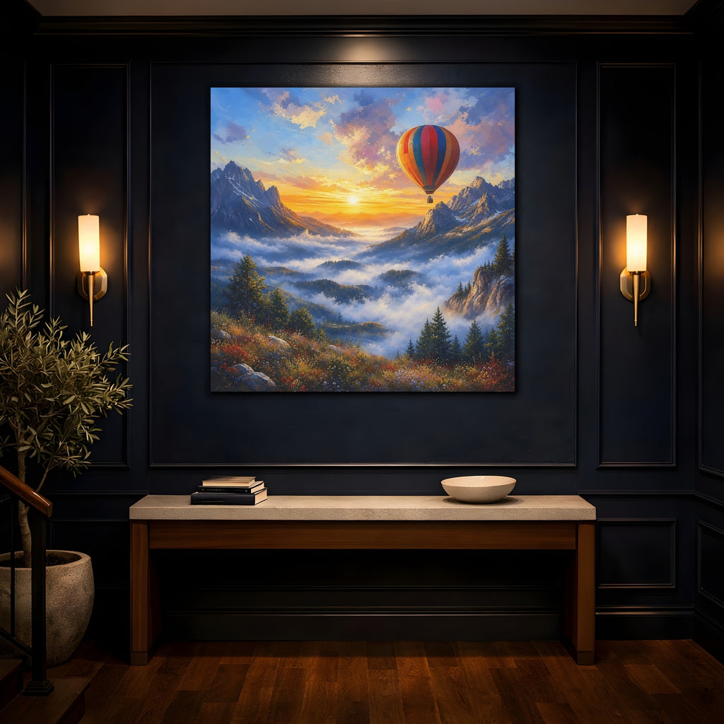 Mockup 4. Nature Hot Air Balloon Colorful Mountain Landscape shown as stretched canvas wall art