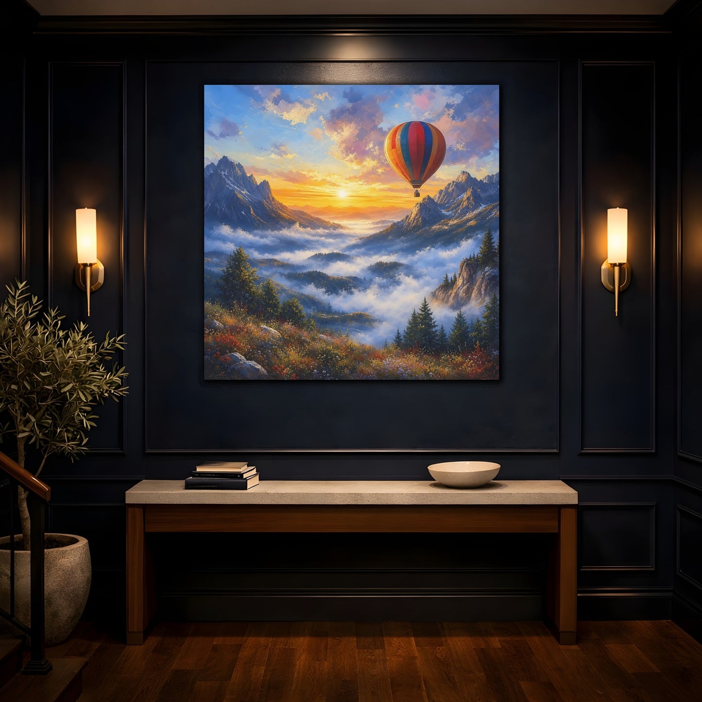 Mockup 4. Nature Hot Air Balloon Colorful Mountain Landscape shown as stretched canvas wall art