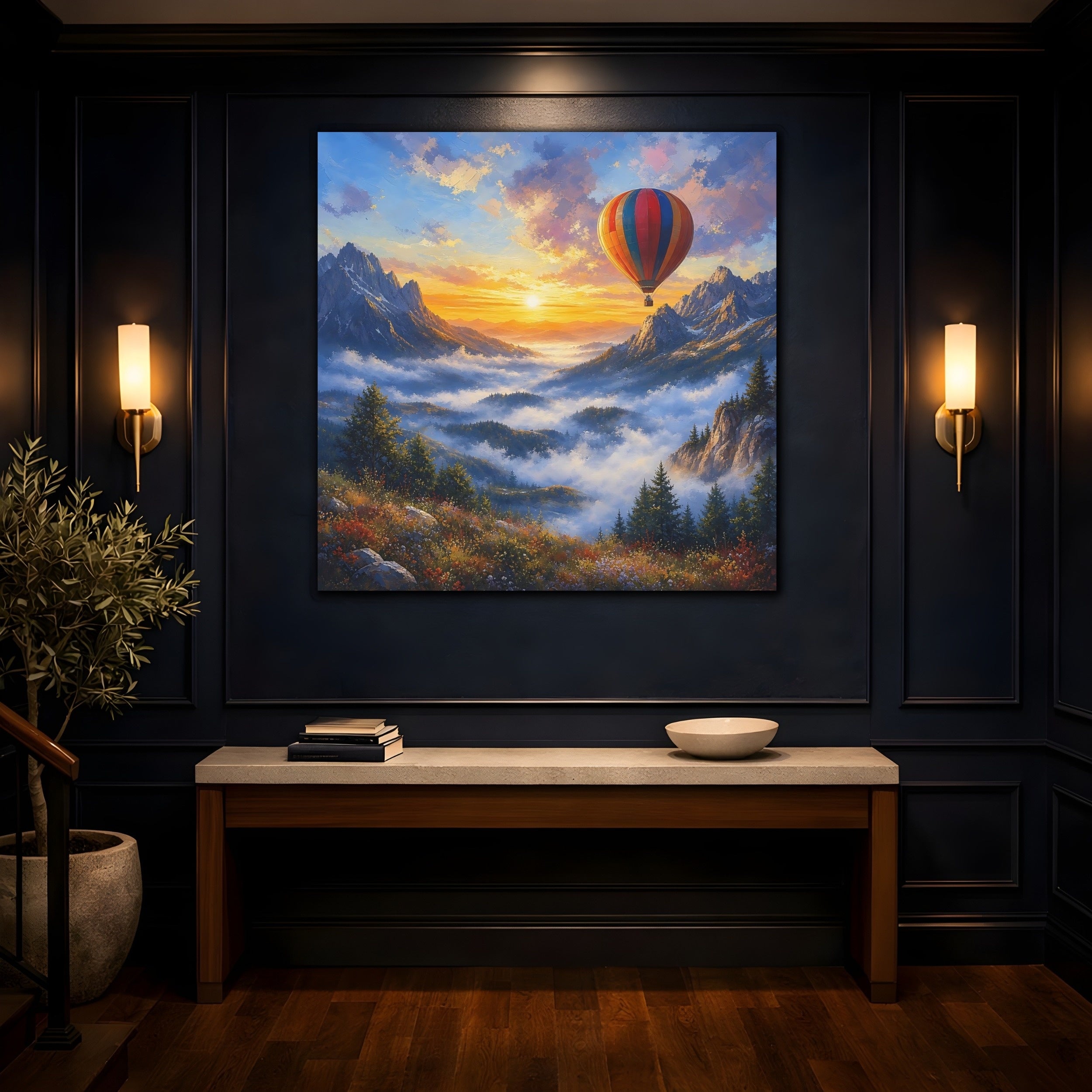 Mockup 4. Nature Hot Air Balloon Colorful Mountain Landscape shown as stretched canvas wall art