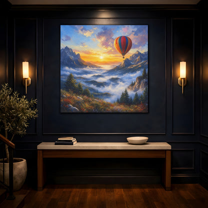 Mockup 4. Nature Hot Air Balloon Colorful Mountain Landscape shown as stretched canvas wall art