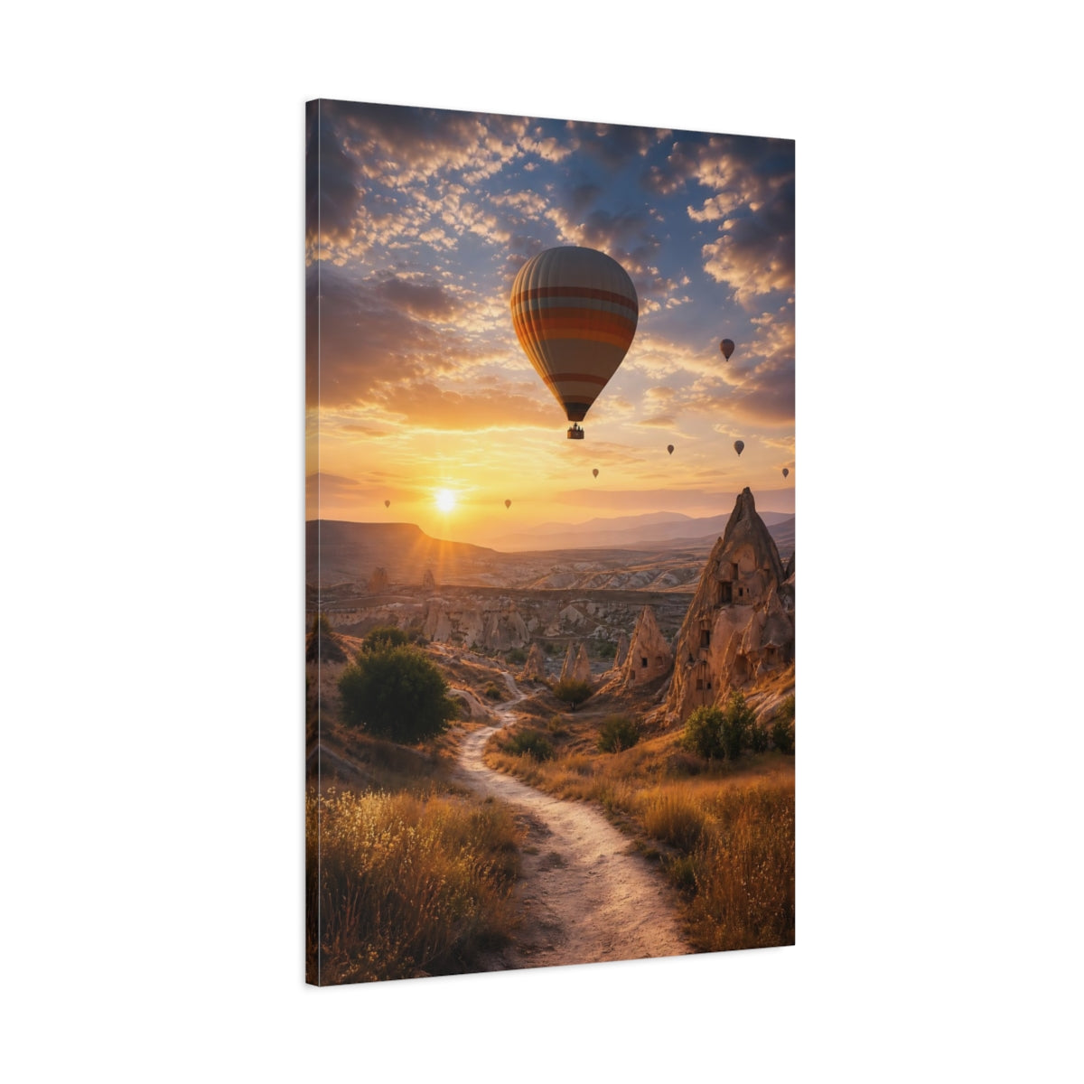 Main Mockup. Nature Hot Air Balloon Orange And Brown Landscape shown as stretched canvas wall art