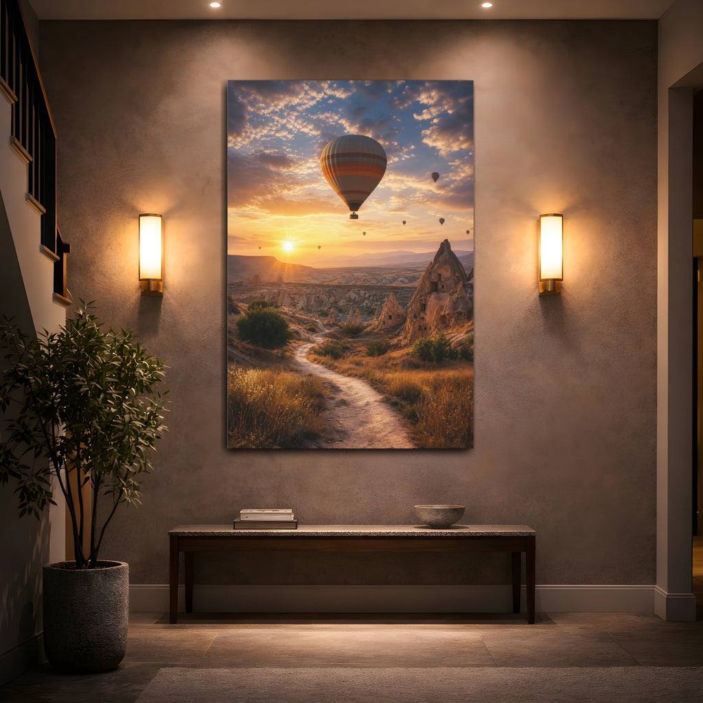 Mockup 2. Nature Hot Air Balloon Orange And Brown Landscape shown as stretched canvas wall art