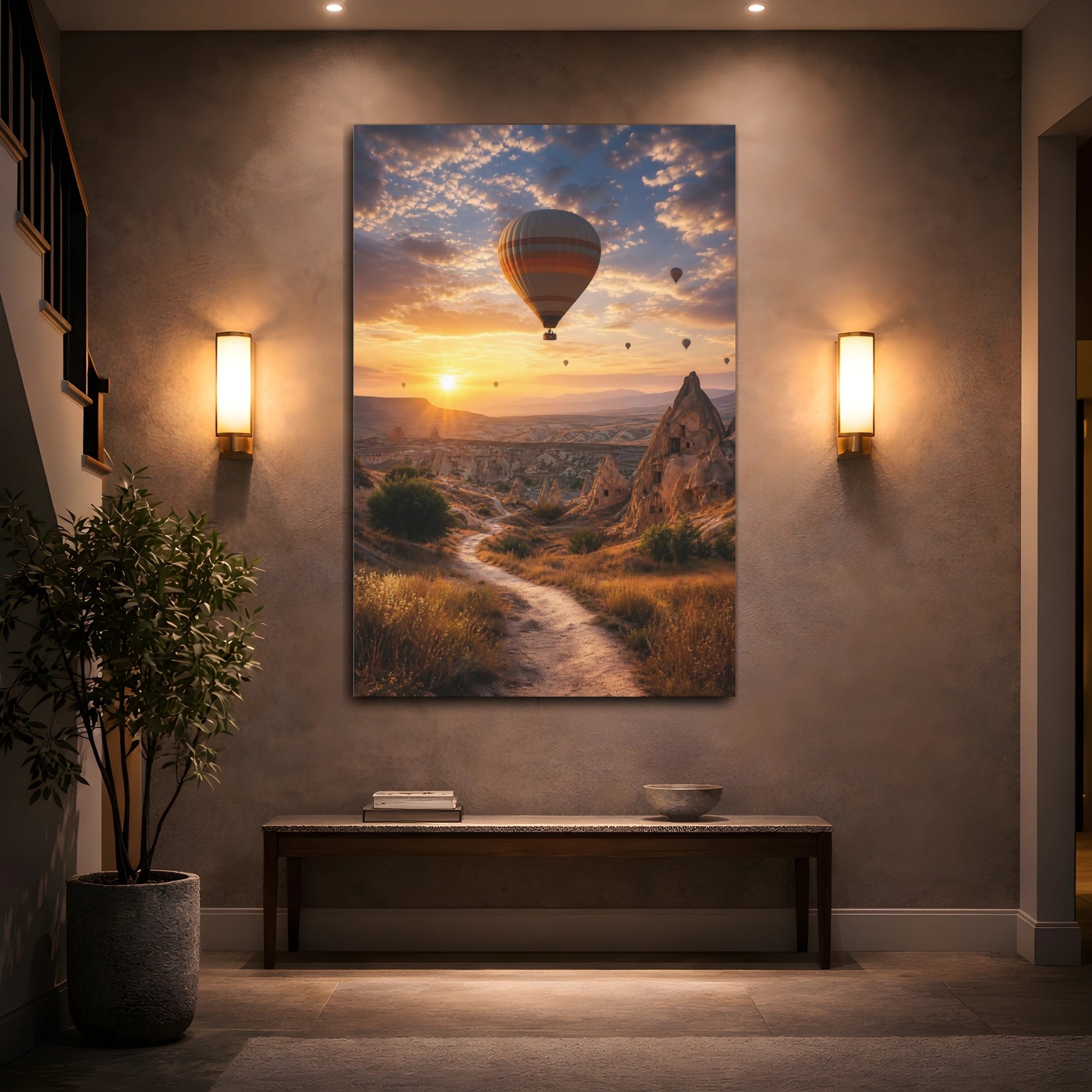 Mockup 2. Nature Hot Air Balloon Orange And Brown Landscape shown as stretched canvas wall art