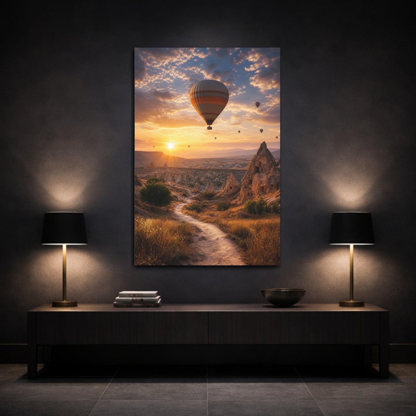 Mockup 3. Nature Hot Air Balloon Orange And Brown Landscape shown as stretched canvas wall art