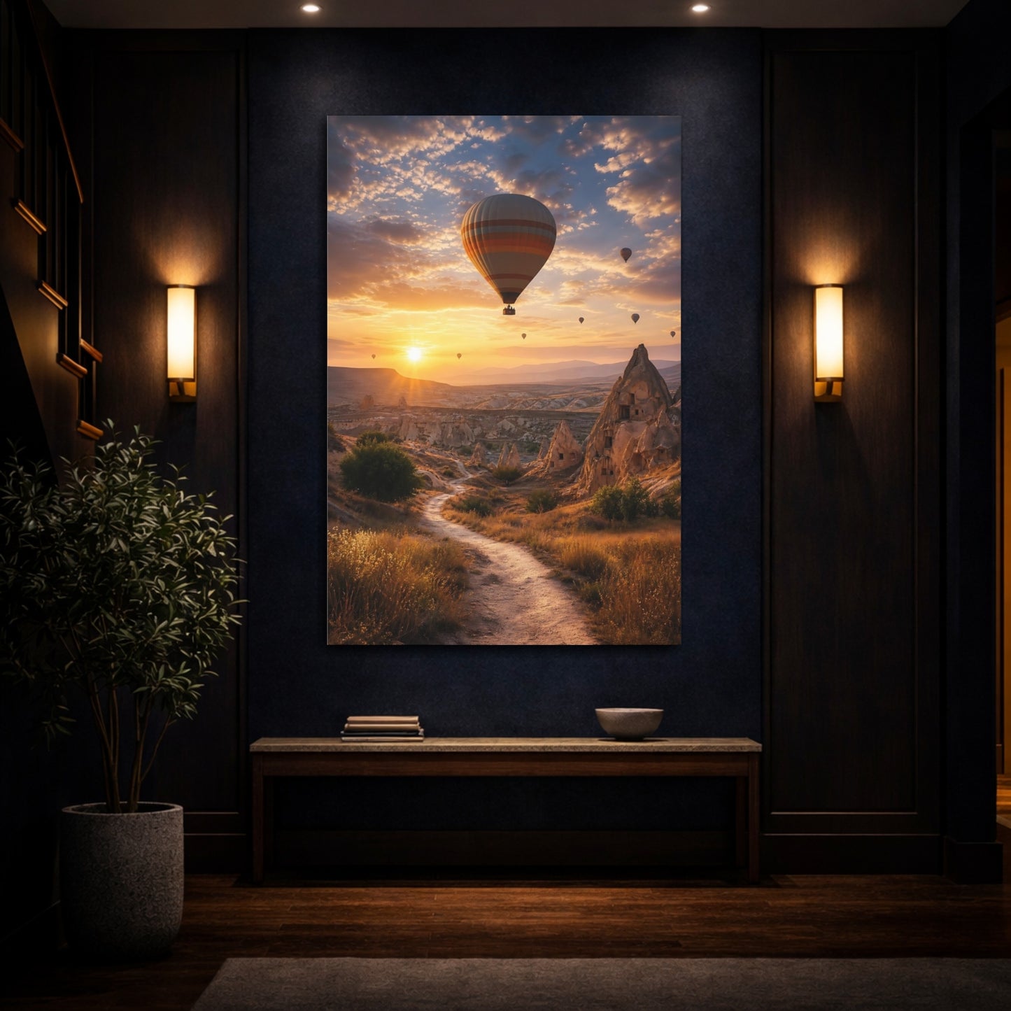 Mockup 4. Nature Hot Air Balloon Orange And Brown Landscape shown as stretched canvas wall art