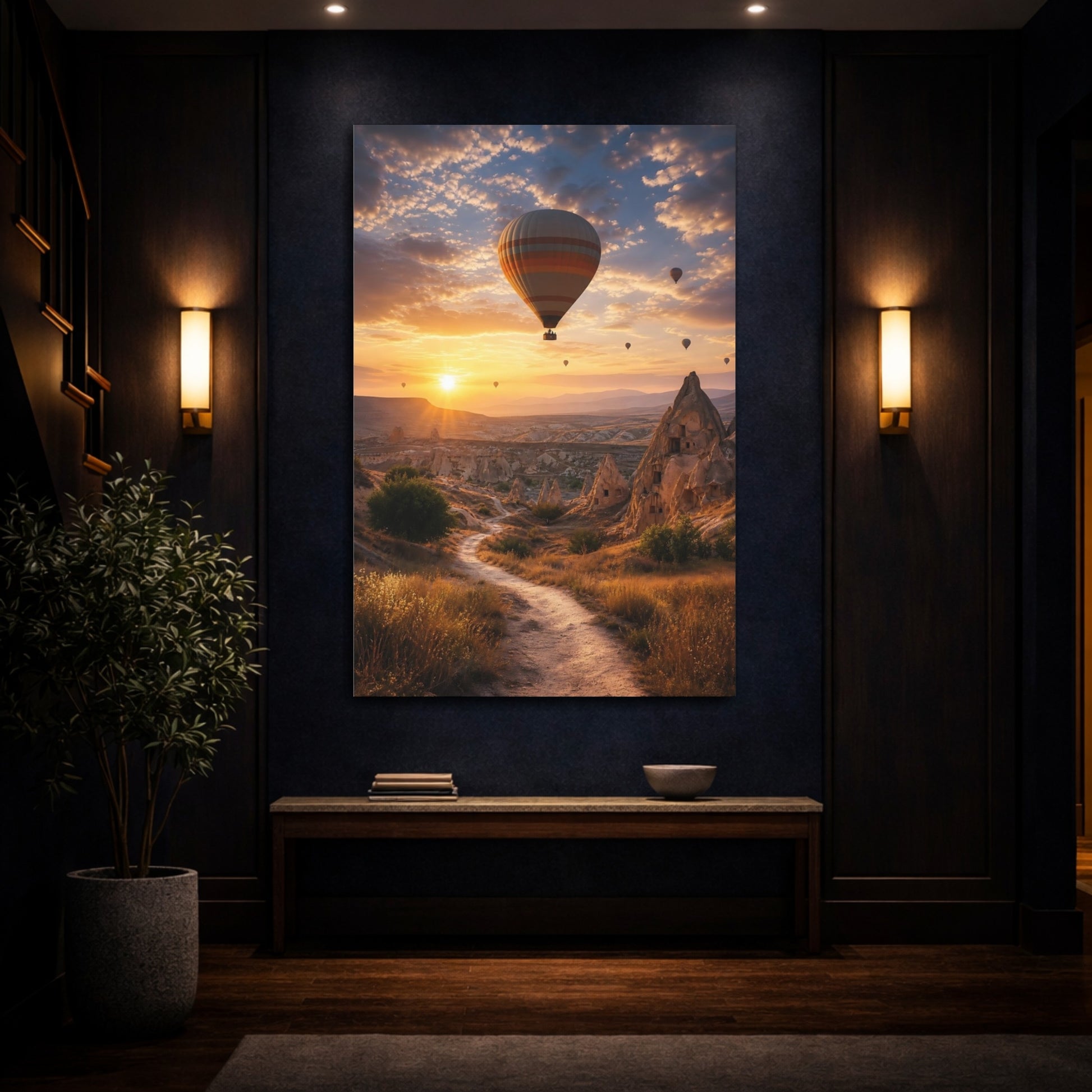 Mockup 4. Nature Hot Air Balloon Orange And Brown Landscape shown as stretched canvas wall art