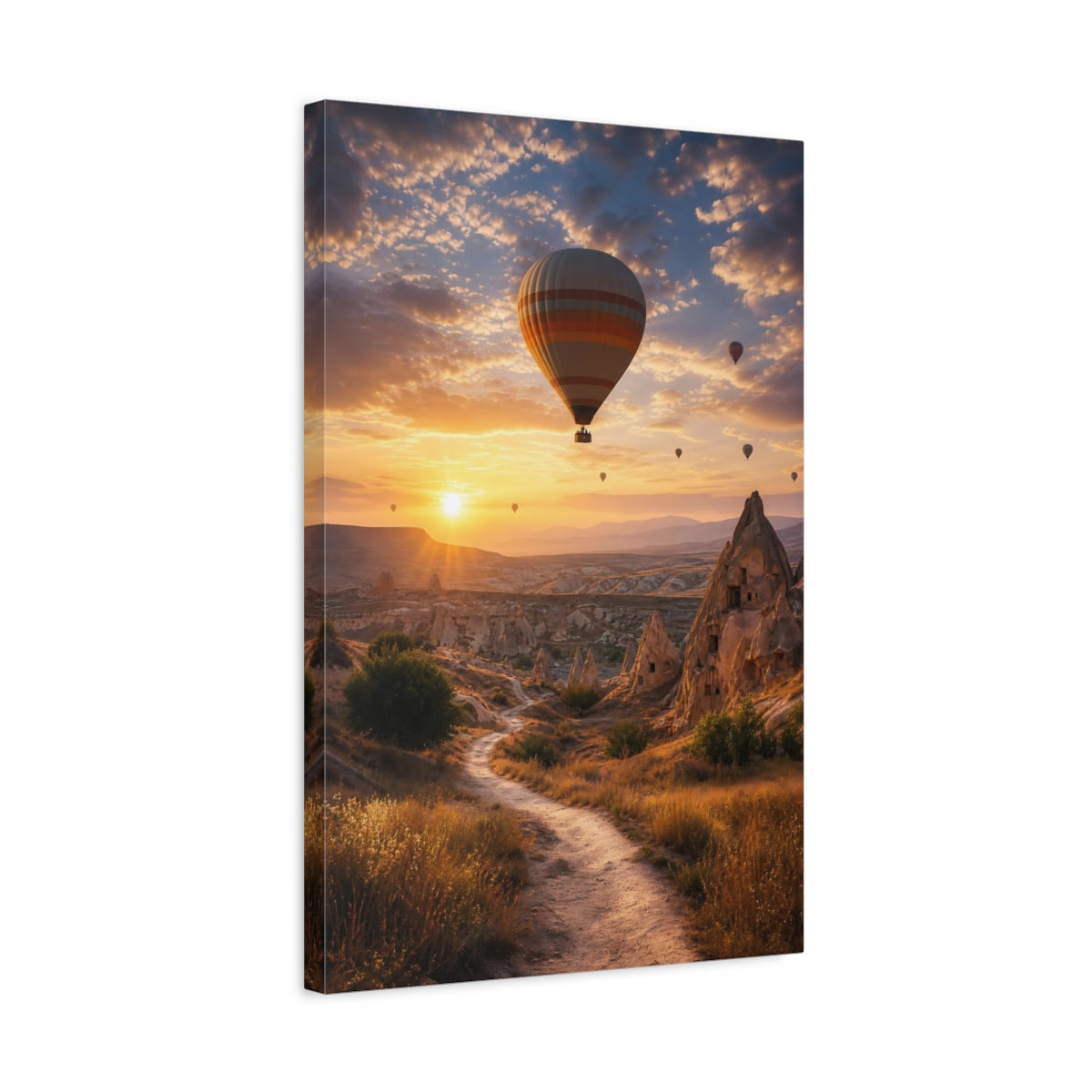 Side Mockup 3. Nature Hot Air Balloon Orange And Brown Landscape shown as stretched canvas wall art
