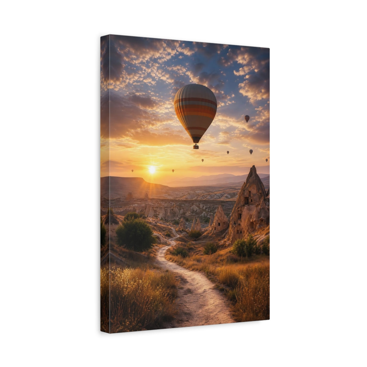 Side Mockup 4. Nature Hot Air Balloon Orange And Brown Landscape shown as stretched canvas wall art