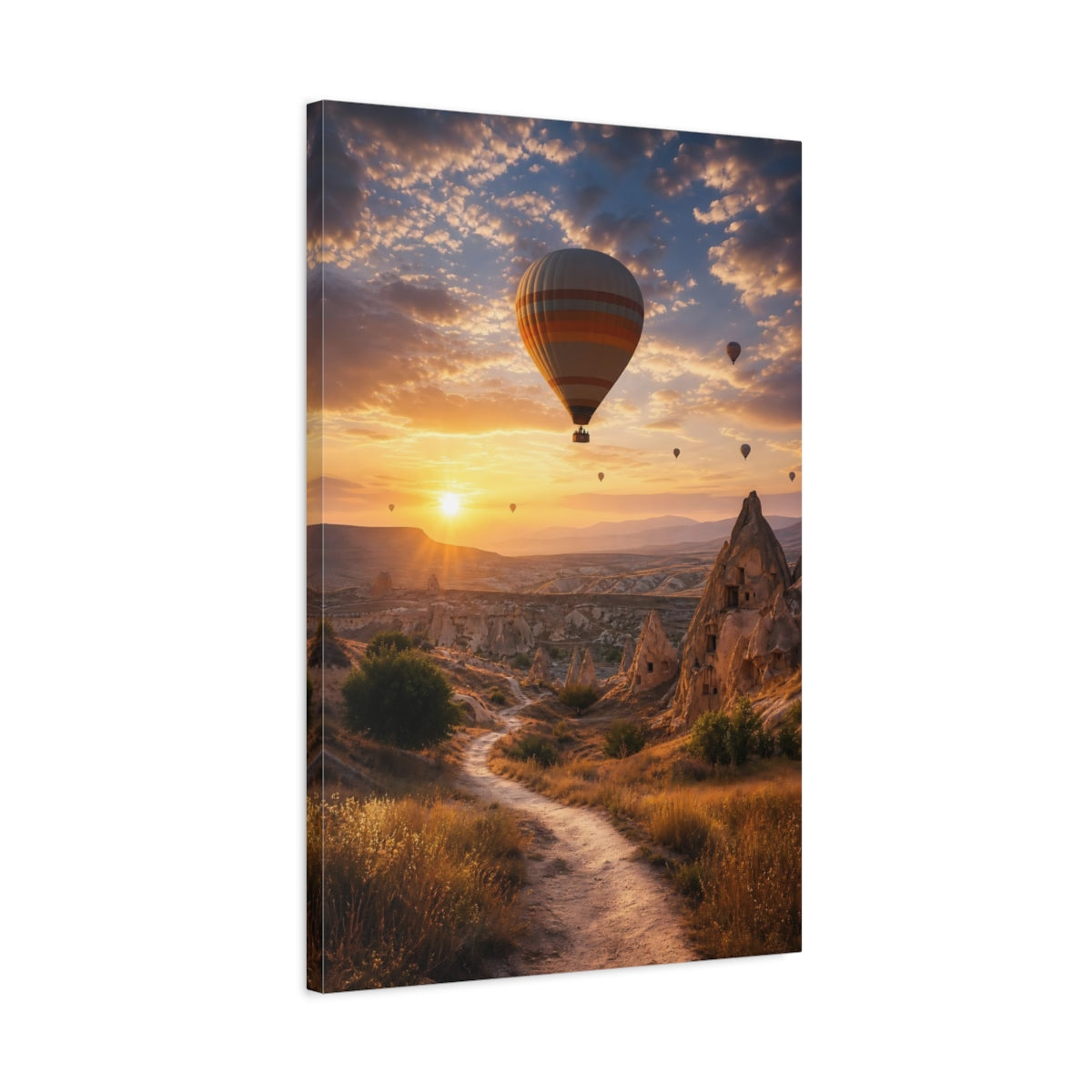 Side Mockup 2. Nature Hot Air Balloon Orange And Brown Landscape shown as stretched canvas wall art