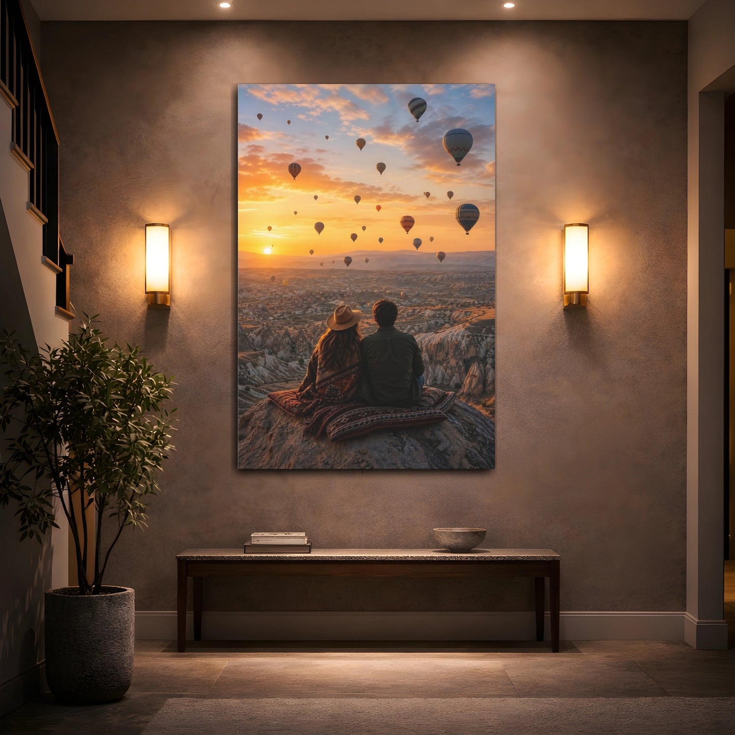 Nature Hot Air Balloons Canvas Wall Art Print - Realistic Living Room, Above Fireplace shown as canvas wall art