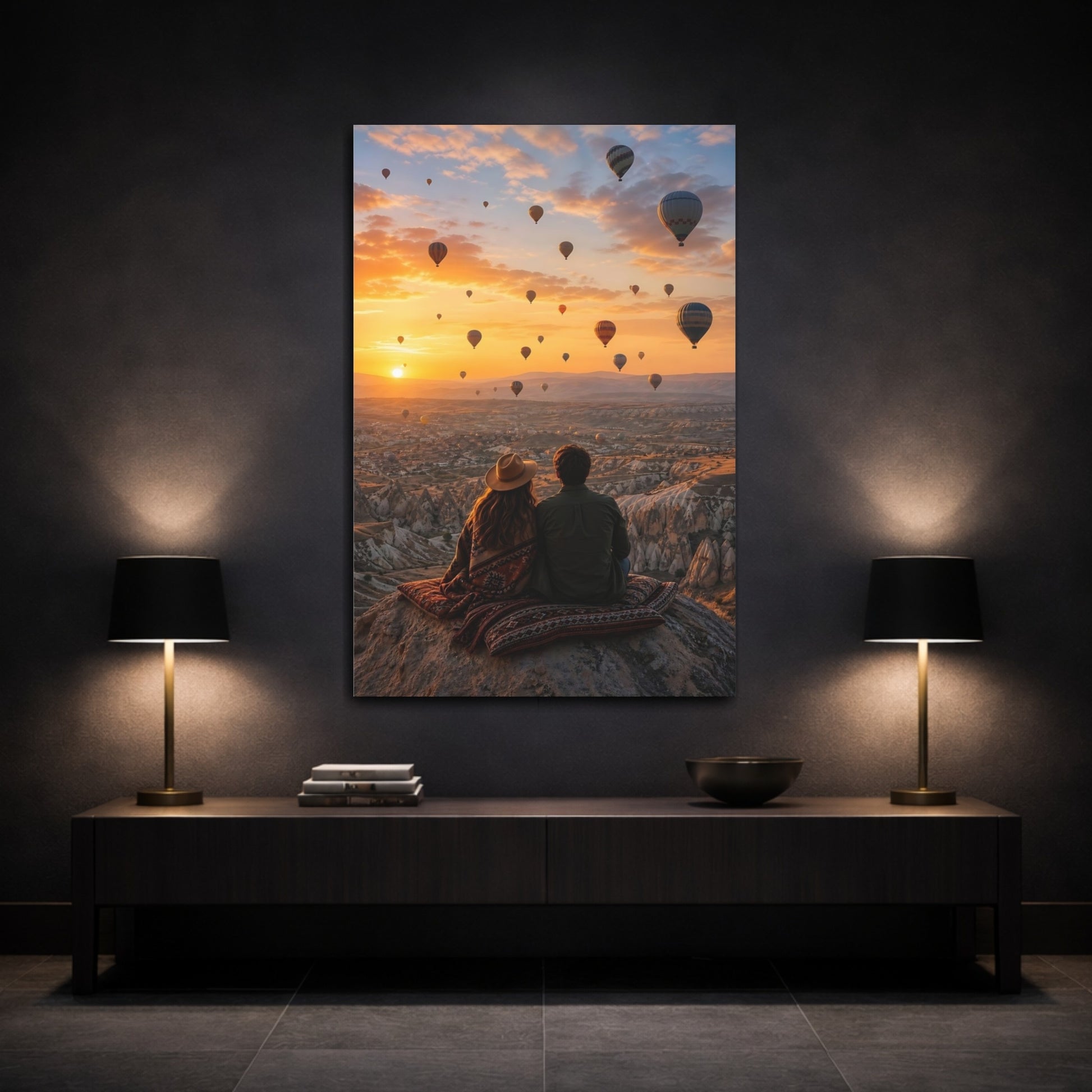 Nature Hot Air Balloons Canvas Wall Art Print - Realistic Living Room, Above Fireplace shown as canvas wall art