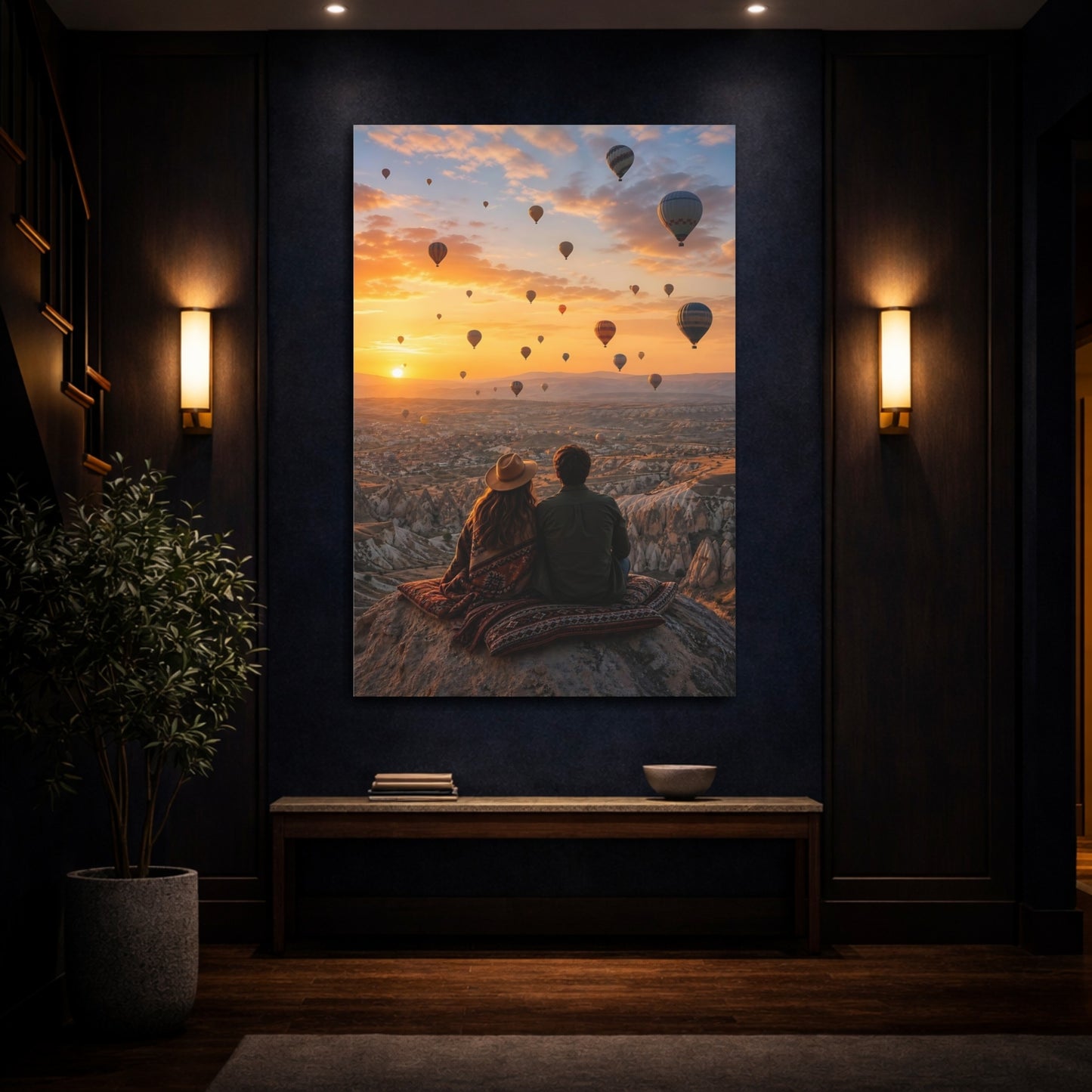 Nature Hot Air Balloons Canvas Wall Art Print - Realistic Living Room, Above Fireplace shown as canvas wall art