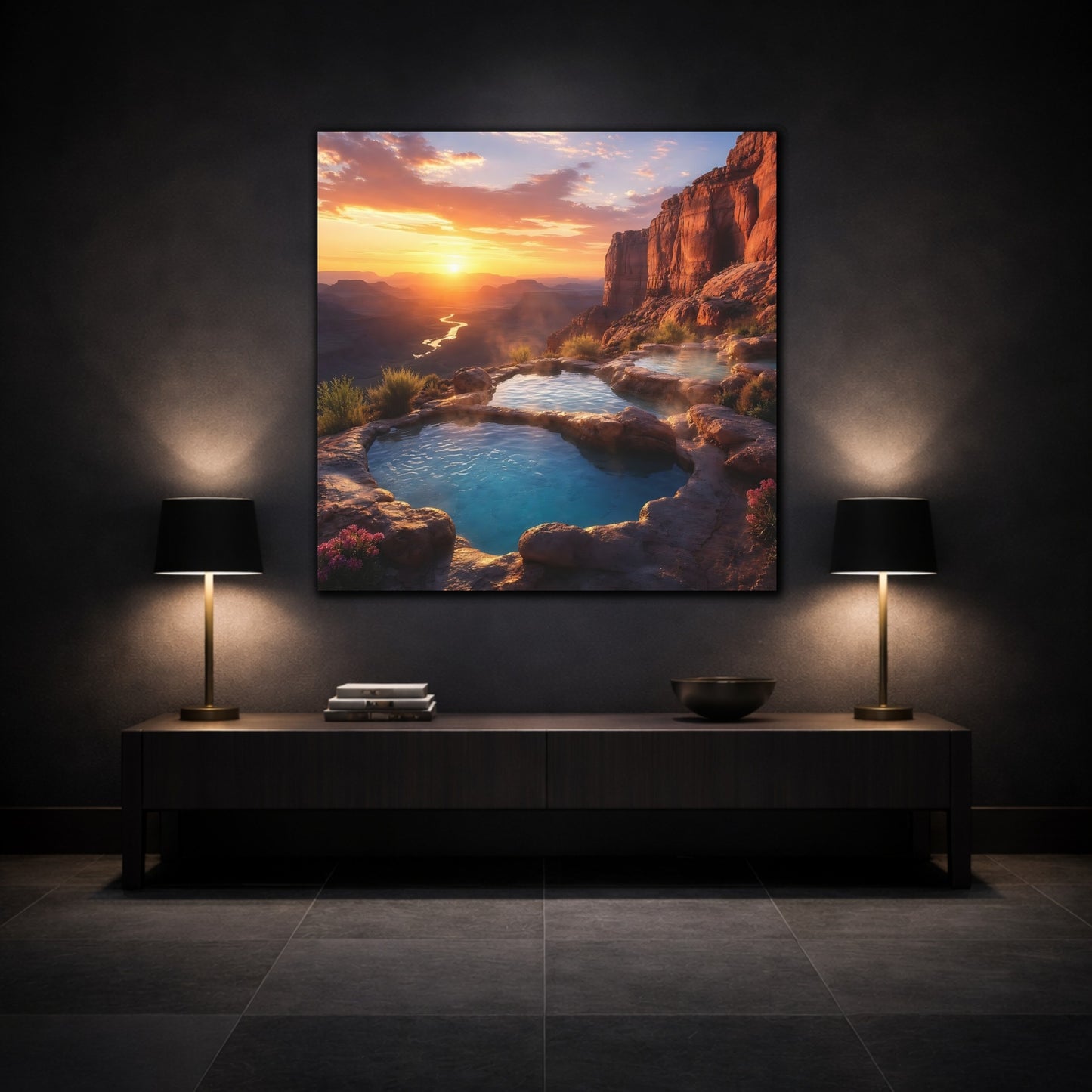 Mockup 3. Nature Hot Springs Sunset Hot Springs shown as stretched canvas wall art