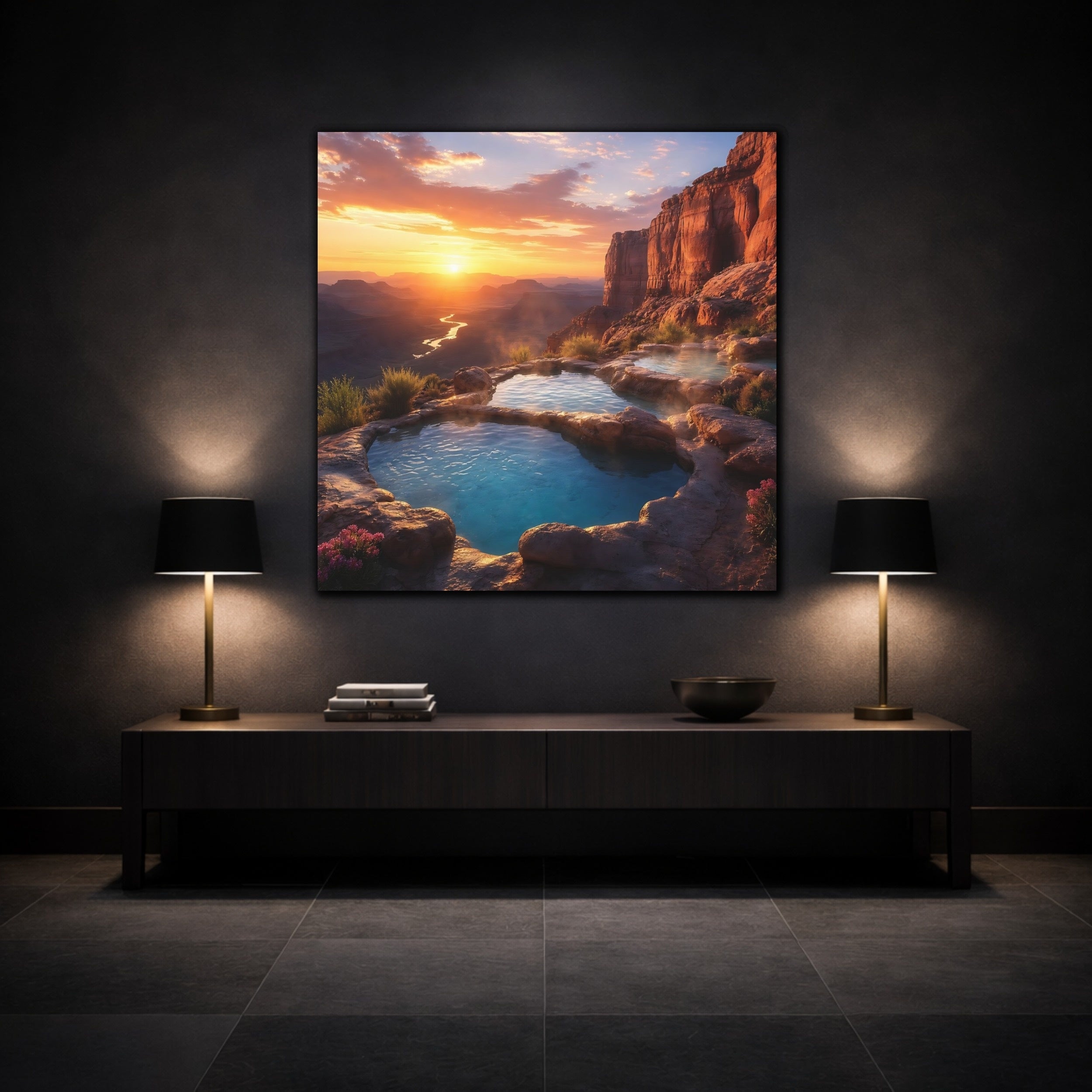 Mockup 3. Nature Hot Springs Sunset Hot Springs shown as stretched canvas wall art