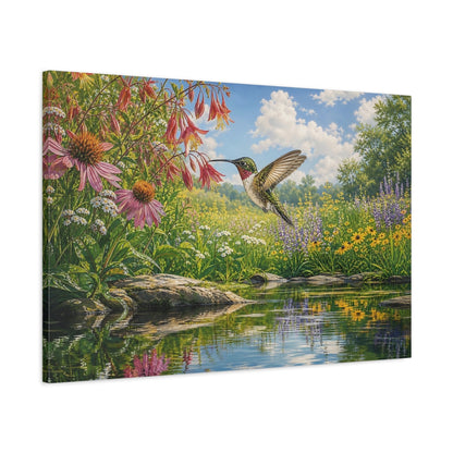 Main Mockup. Nature Hummingbird Colorful Wildflowers shown as stretched canvas wall art