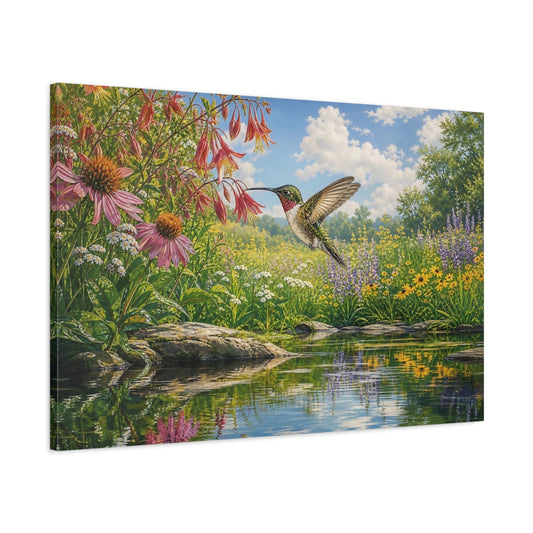 Main Mockup. Nature Hummingbird Colorful Wildflowers shown as stretched canvas wall art