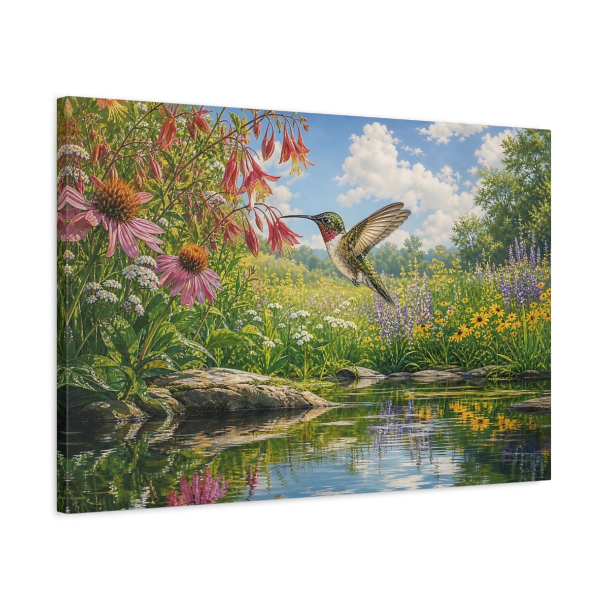 Side Mockup 2. Nature Hummingbird Colorful Wildflowers shown as stretched canvas wall art