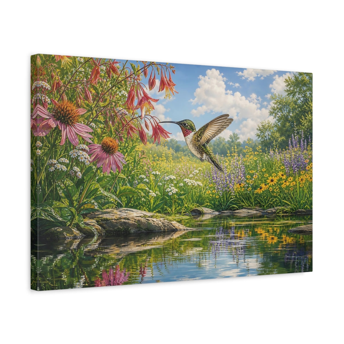 Side Mockup 3. Nature Hummingbird Colorful Wildflowers shown as stretched canvas wall art