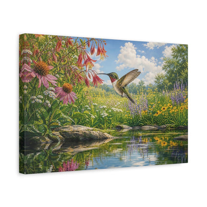 Side Mockup 4. Nature Hummingbird Colorful Wildflowers shown as stretched canvas wall art