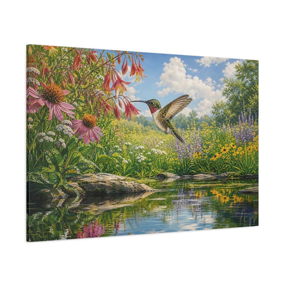 Side Mockup 1. Nature Hummingbird Colorful Wildflowers shown as stretched canvas wall art