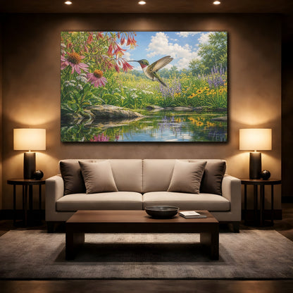Mockup 2. Nature Hummingbird Colorful Wildflowers shown as stretched canvas wall art