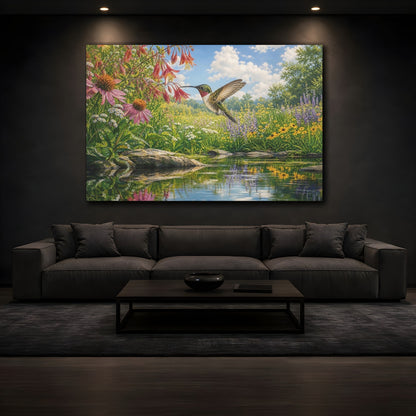 Mockup 3. Nature Hummingbird Colorful Wildflowers shown as stretched canvas wall art