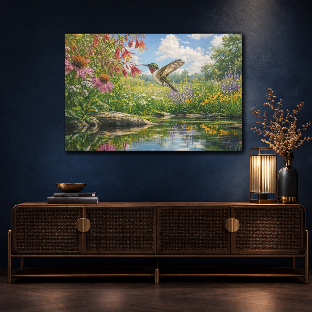 Mockup 4. Nature Hummingbird Colorful Wildflowers shown as stretched canvas wall art