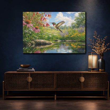 Mockup 4. Nature Hummingbird Colorful Wildflowers shown as stretched canvas wall art