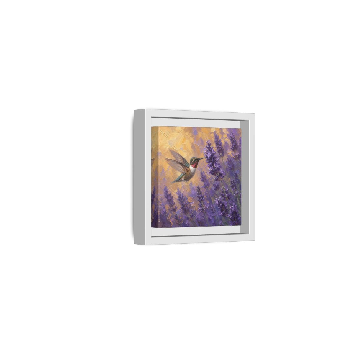 Side Mockup 22. Nature Hummingbird Lavender And Gold shown as stretched canvas wall art