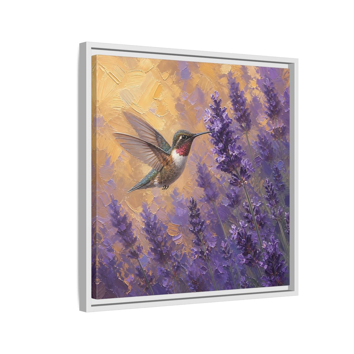 Side Mockup 10. Nature Hummingbird Lavender And Gold shown as stretched canvas wall art