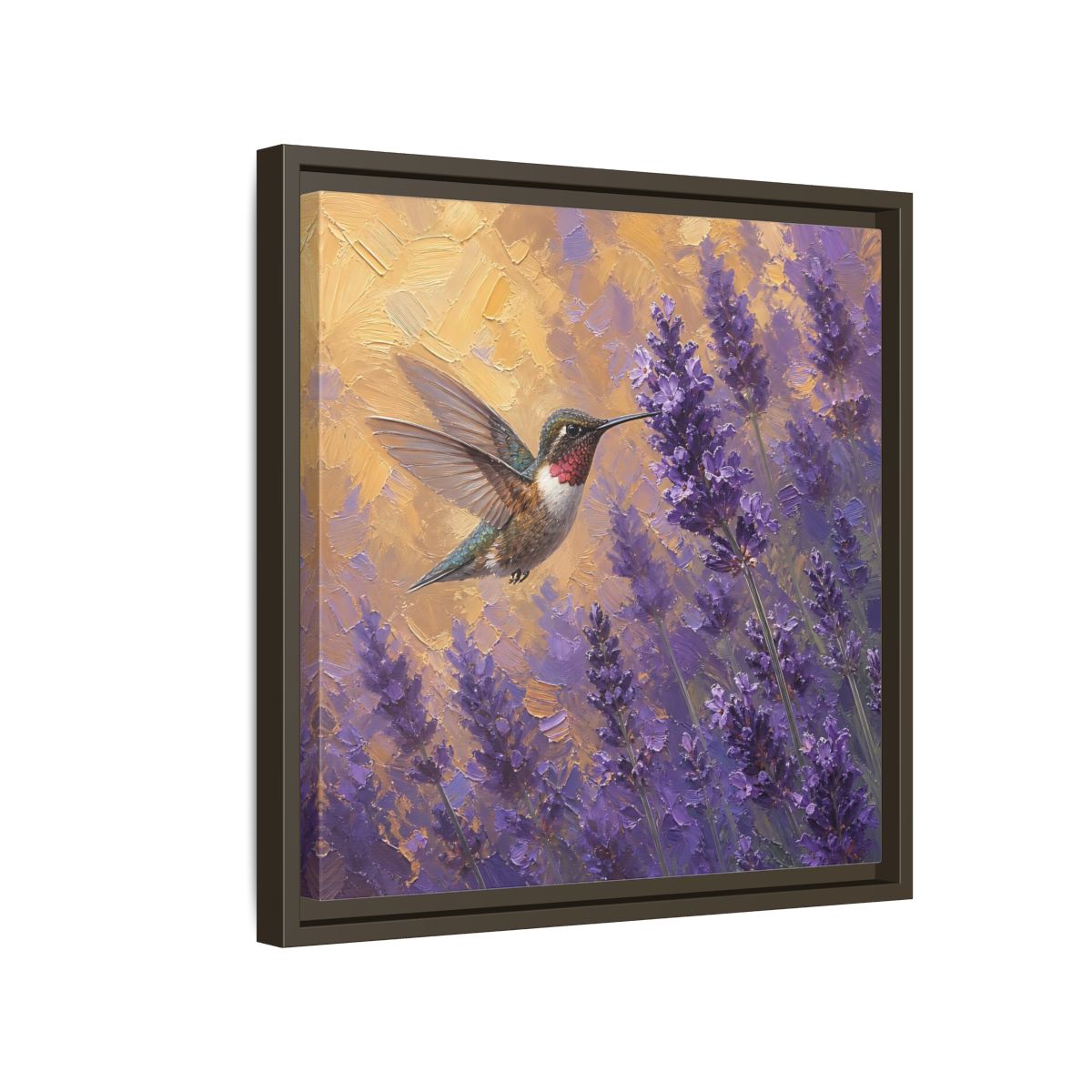 Side Mockup 14. Nature Hummingbird Lavender And Gold shown as stretched canvas wall art