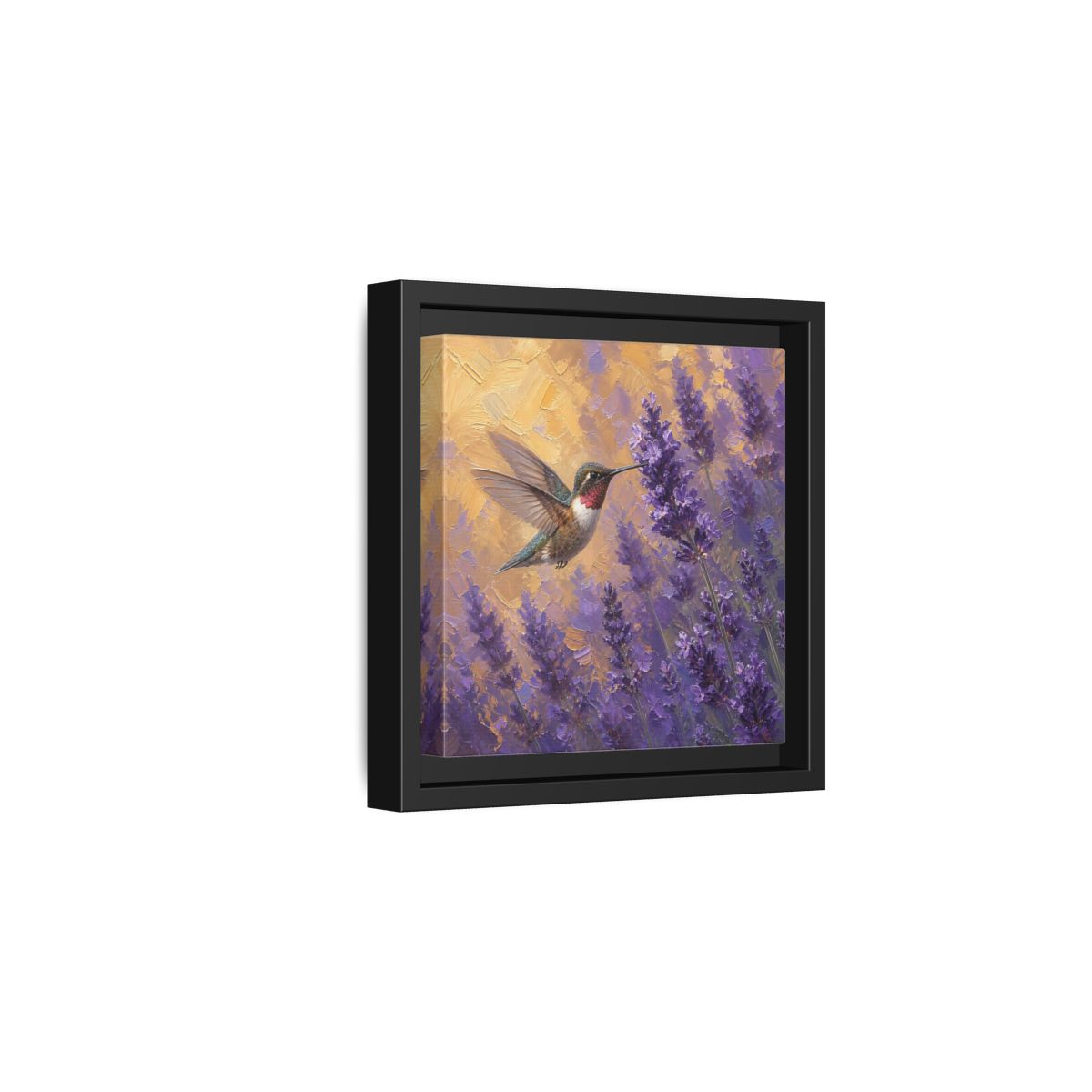 Side Mockup 3. Nature Hummingbird Lavender And Gold shown as stretched canvas wall art