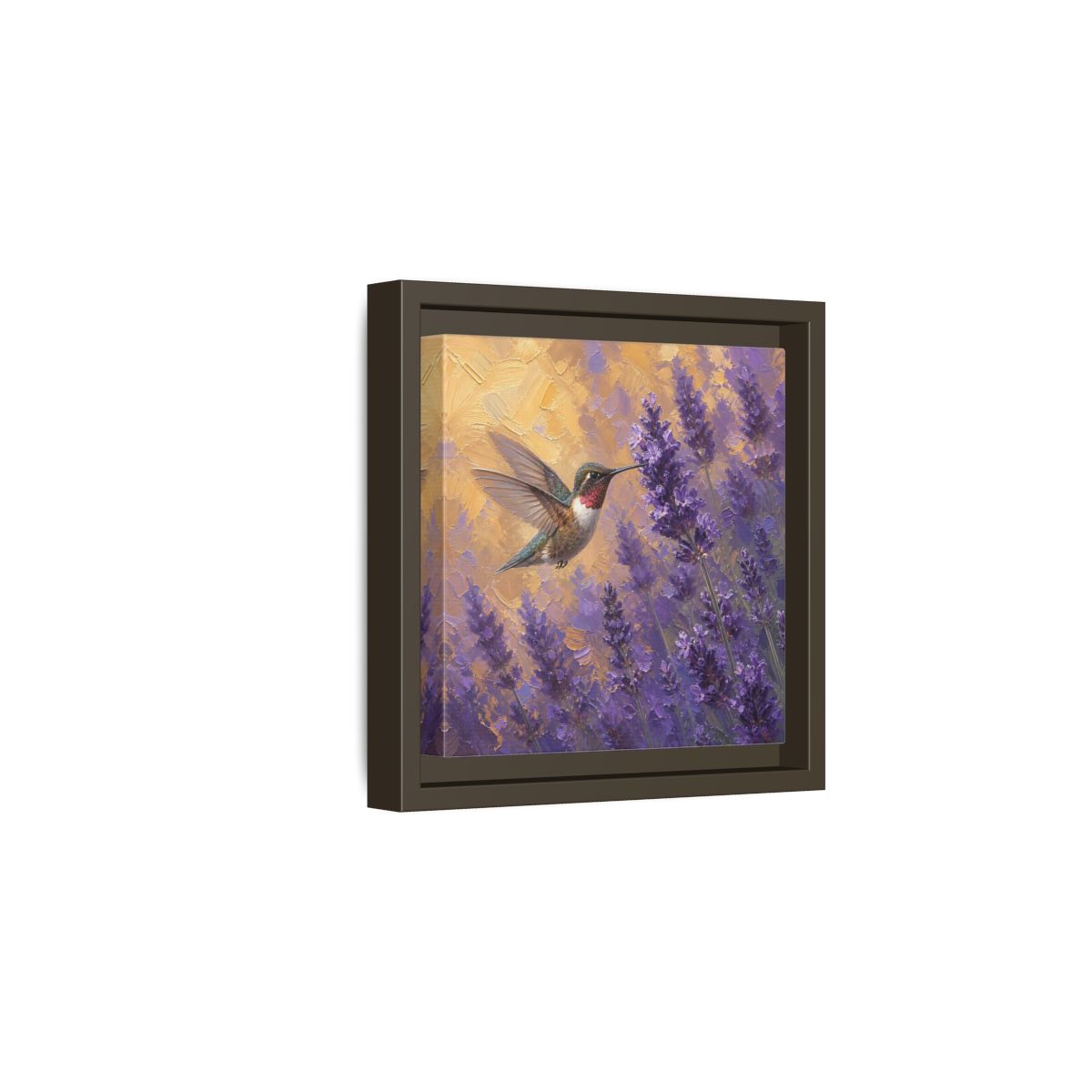 Side Mockup 2. Nature Hummingbird Lavender And Gold shown as stretched canvas wall art
