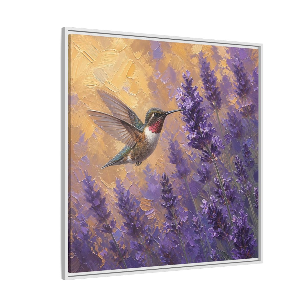 Side Mockup 4. Nature Hummingbird Lavender And Gold shown as stretched canvas wall art
