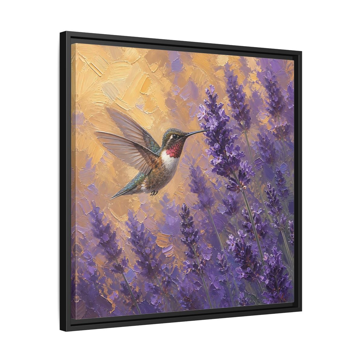 Side Mockup 31. Nature Hummingbird Lavender And Gold shown as stretched canvas wall art